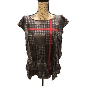 Nine West Graphic Ruffled Cap Sleeve Blouse in Black and Red